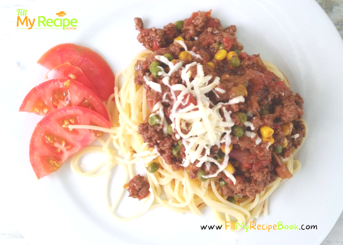 Minced Beef Spaghetti and Veggies recipe for lunch idea. Create this easy meat and simple pasta meal and use left over mince on sandwiches.