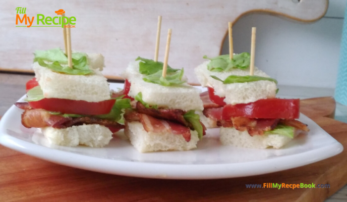 Great Mini BLT Toothpick Appetizers recipe idea for a party. Great finger food sandwich that are a one bite savory appetizer on toothpick skewers.