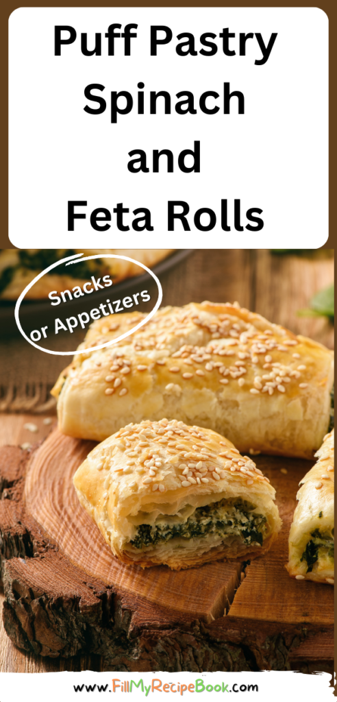 Puff Pastry Spinach and Feta Rolls recipe idea to create for party, appetizers. Mini Savory sausage rolls that are vegetarian friendly snacks.