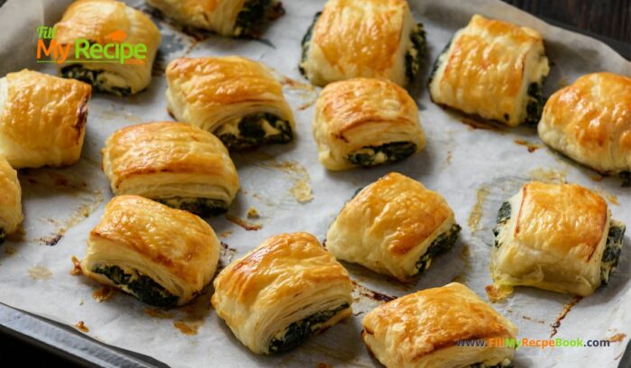 Puff Pastry Spinach and Feta Rolls recipe idea to create for party, appetizers. Mini Savory sausage rolls that are vegetarian friendly snacks.