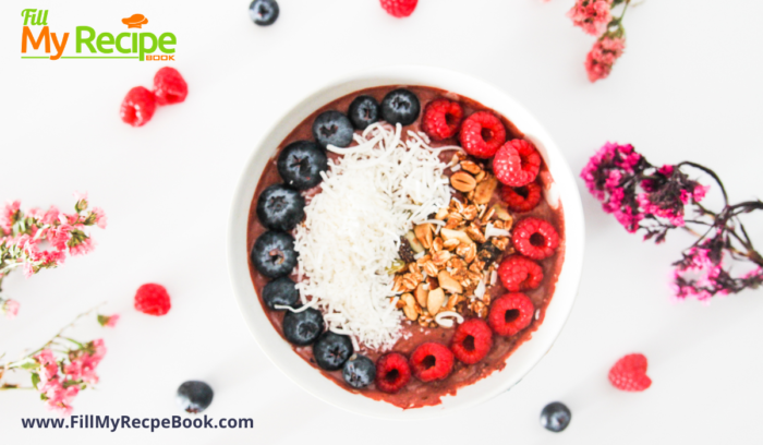 A Vegan Chocolate Raspberry Smoothie Bowl recipe. For an easy protein breakfast with all the fresh tasty berries and granola with honey.