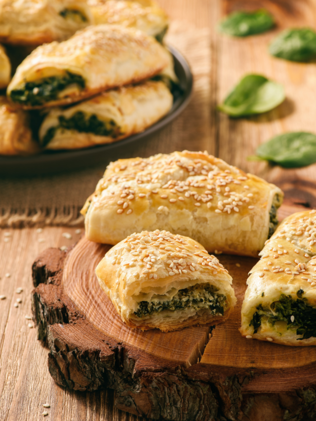 Puff Pastry Spinach and Feta Rolls recipe idea to create for party, appetizers. Mini Savory sausage rolls that are vegetarian friendly snacks.