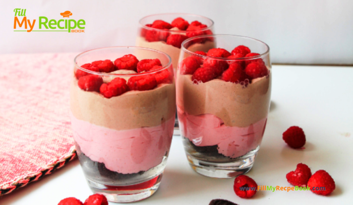 Chocolate Raspberry Cheesecake Parfait recipe as a dessert. Easy layered whipped cream and cream cheese, cocoa with raspberries parfait.