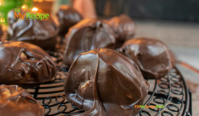 Chocolate and Peanut Butter Balls recipe. A no bake protein energy snack with peanut butter, mixed graham crackers covered in dark chocolate.