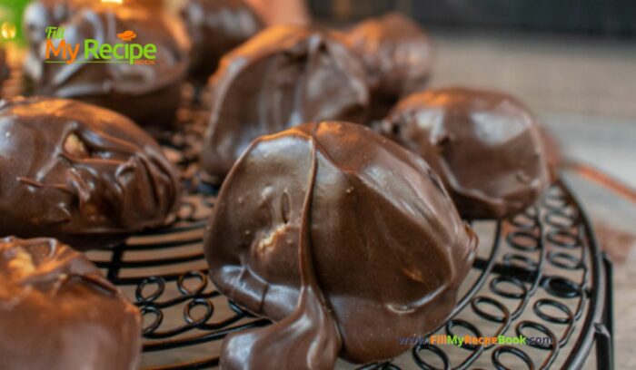 Chocolate and Peanut Butter Balls recipe. A no bake protein energy snack with peanut butter, mixed graham crackers covered in dark chocolate.