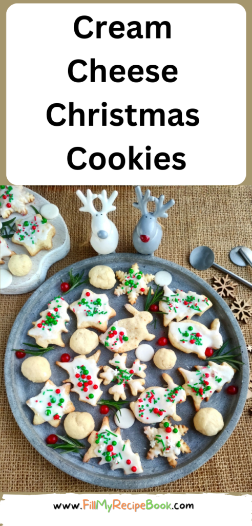 Cream Cheese Christmas Cookies recipe idea for snacks and treats. A melt in your mouth creamy soft biscuit or cookie decorated.