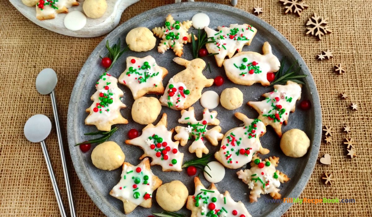 Cream Cheese Christmas Cookies recipe idea for snacks and treats. A melt in your mouth creamy soft biscuit or cookie decorated.