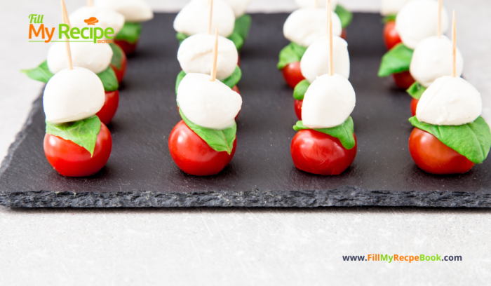 Mini Caprese Salad Skewers recipe idea for an appetizer, using cocktail toothpicks for a finger food, served with a reduced balsamic vinegar.