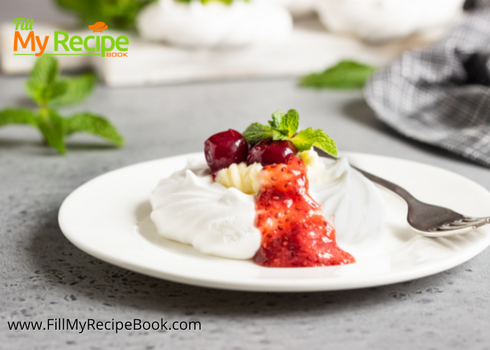 Bake this stunning Mini Pavlova Cherries & Cream Cheese Filling with strawberry sauce recipe for a fine dining gourmet fancy dessert idea.