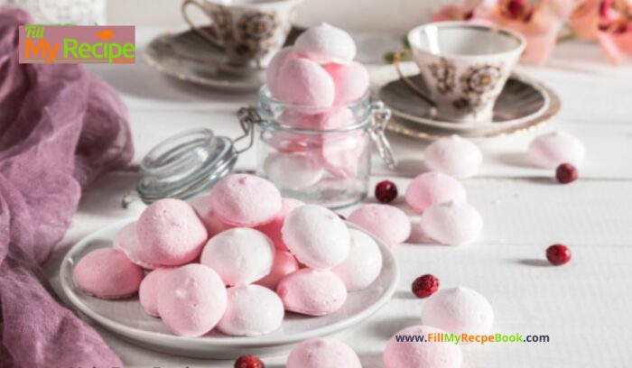 Mini Pink Meringue Kisses recipe idea. Pink meringues dessert with organic dried strawberry or raspberries powder or food coloring.