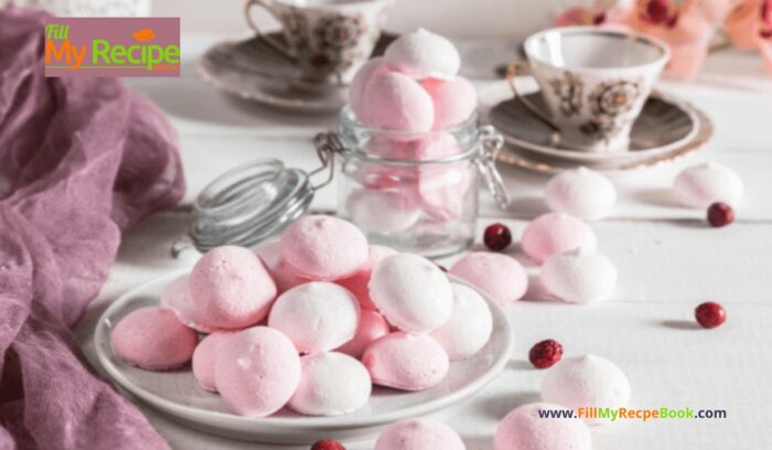 Mini Pink Meringue Kisses recipe idea. Pink meringues dessert with organic dried strawberry or raspberries powder or food coloring.