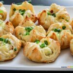 Mini Pastry Potato Bites recipe idea for an appetizer. Holidays or work parties warm savory oven bake pastry snacks with cheese and bacon.