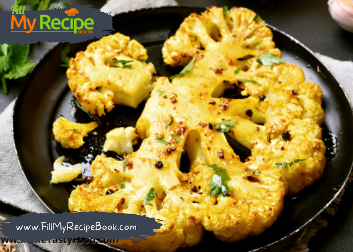 Roasted Turmeric Cauliflower Steaks with Cheese recipe. Easy vegetable side dish flavored with turmeric and parmesan oven baked.