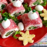 Smoky Salami Cream Cheese Appetizer recipe idea for Christmas and parties. An easy cold roll up on skewer stick with pickles.