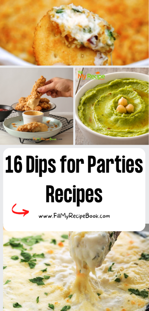 16 Dips for Parties Recipes ideas for football or game days. Easy cold or hot dips for snacks or appetizers served for crowds or families.