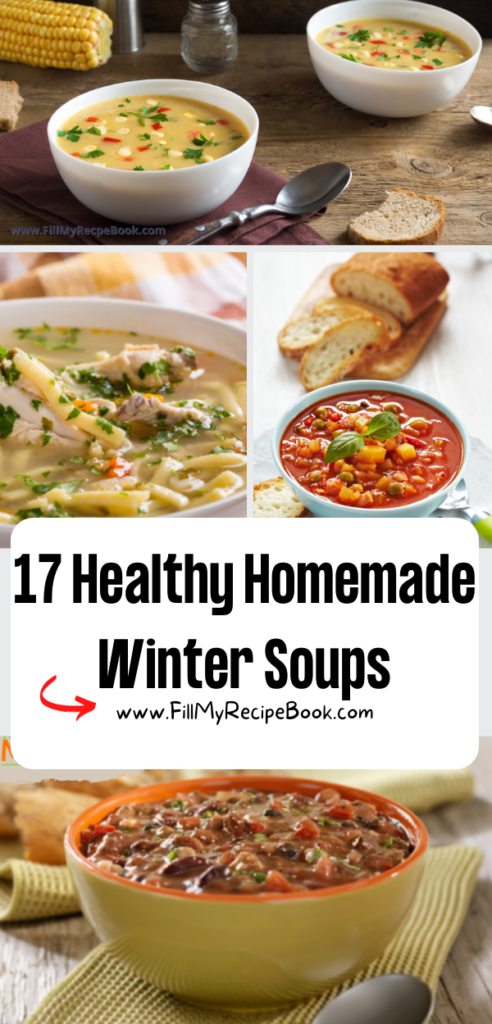 17 Healthy Homemade Winter Soups recipe ideas to create for cold days and fall. Healthy flu fighting chicken soup and warm chili bean soup.