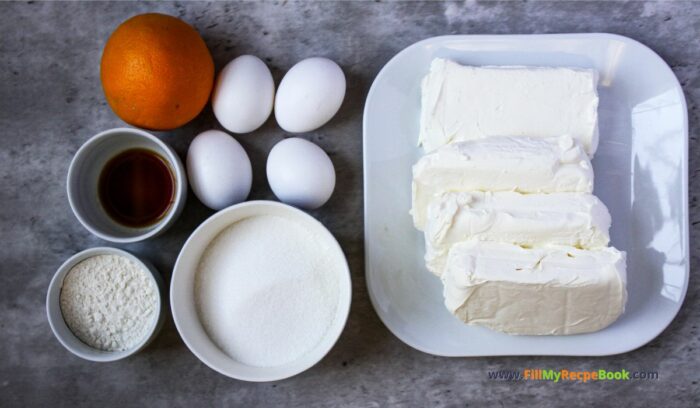 ingredients for filling. Chocolate Crusted Cranberry Orange Cheesecake recipe idea to create for thanksgiving or Christmas, cookie base oven bake dessert.