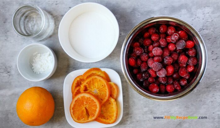 ingredients for topping, Chocolate Crusted Cranberry Orange Cheesecake recipe idea to create for thanksgiving or Christmas, cookie base oven bake dessert.