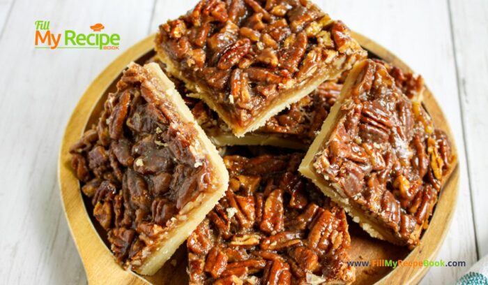 Easy Shortbread Pecan Bars recipe. A shortbread crust topped with pecan nuts, honey, cream and brown sugar for a healthy snack bar.