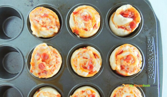 baked, A Homemade Pizza Rolls Recipe idea for a snack or mini appetizer. A no yeast dough with yogurt and garlic, filled with cheese and pepperoni.