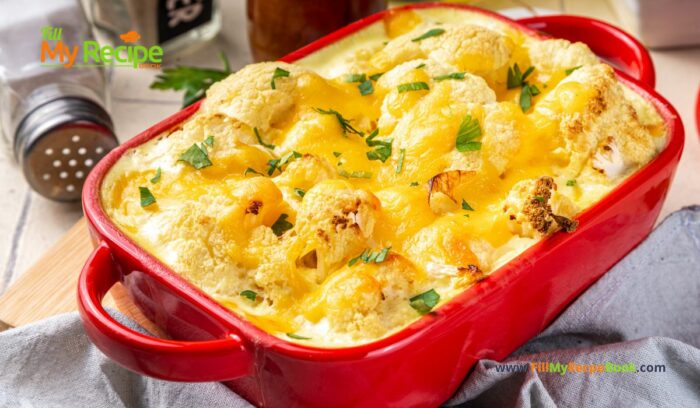 Loaded Cheesy Cauliflower Casserole dish recipe idea. Create an easy and simple vegetable side dish with cheese sauce for dinner, vegetarian.