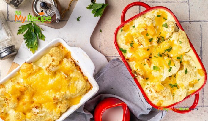 Loaded Cheesy Cauliflower Casserole dish recipe idea. Create an easy and simple vegetable side dish with cheese sauce for dinner, vegetarian.