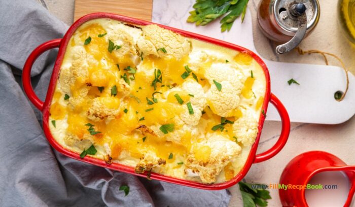 Loaded Cheesy Cauliflower Casserole dish recipe idea. Create an easy and simple vegetable side dish with cheese sauce for dinner, vegetarian.