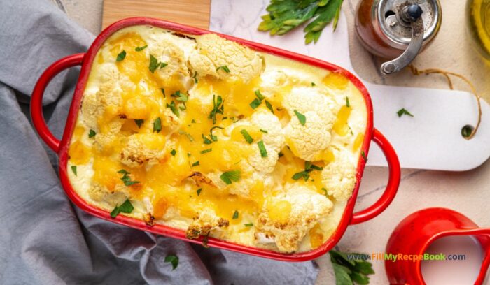 Loaded Cheesy Cauliflower Casserole dish recipe idea. Create an easy and simple vegetable side dish with cheese sauce for dinner, vegetarian.