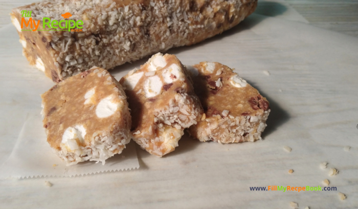 Marshmallow Fridge Cake Biscuits recipe idea for a dessert. A No Bake stove top recipe with biscuit and condensed milk, coconut coated.