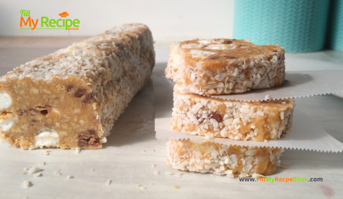 Marshmallow Fridge Cake Biscuits recipe idea for a dessert. A No Bake stove top recipe with biscuit and condensed milk, coconut coated.