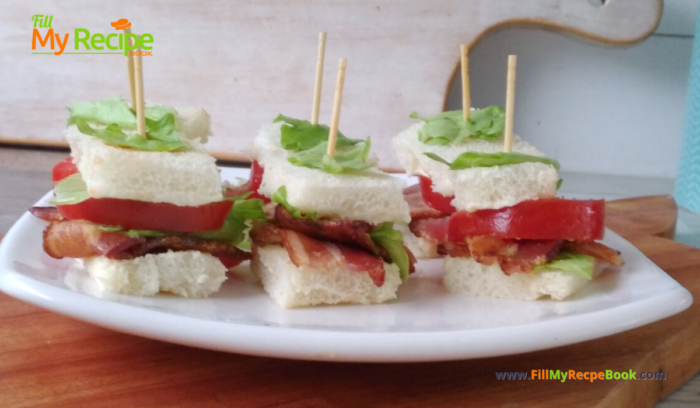 Mini BLT Toothpick Appetizers recipe idea for a party. Great finger food sandwich that are a one bite savory appetizer on toothpick skewers.