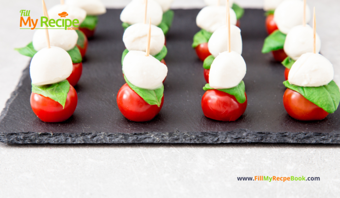 Mini Caprese Salad Skewers
Mini Caprese Salad Skewers recipe idea for an appetizer, using cocktail toothpicks for a finger food, served with a reduced balsamic vinegar.