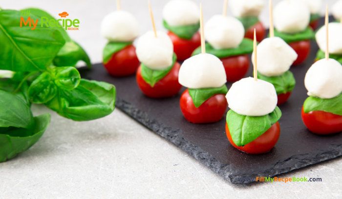 Mini Caprese Salad Skewers recipe idea for an appetizer, using cocktail toothpicks for a finger food, served with a reduced balsamic vinegar.