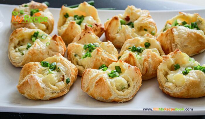 Mini Pastry Potato Bites recipe idea for an appetizer. Holidays or work parties warm savory oven bake pastry snacks with cheese and bacon.