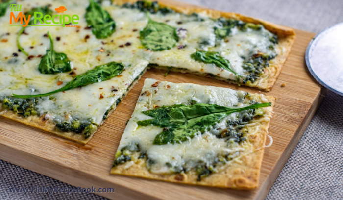 Quick and Easy Pesto Flatbread snack recipe. Healthy and tasty oven baked bread idea for appetizer or meal for a vegetarian or other.