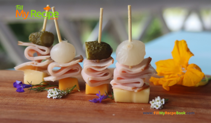 Make these Easy Savory Toothpick Appetizers Ideas or finger foods recipe. Bite size cold foods for a party with turkey, cheese on pickles.
