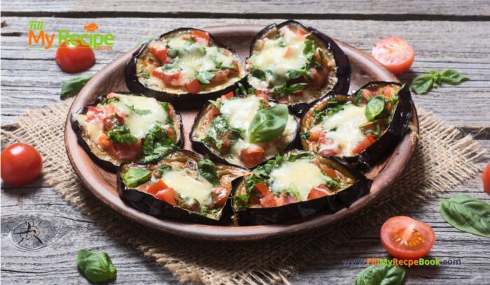 Easy Mini Eggplant Pizza recipe idea. A very simple oven bake healthy vegetarian or gluten free snack or side dish filled with vitamins.