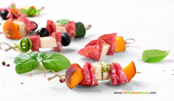 Mini Salami Feta Peach Skewer recipe ideas with fruit and fresh cold salad and feta appetizers. A cocktail party finger food for a crowd.