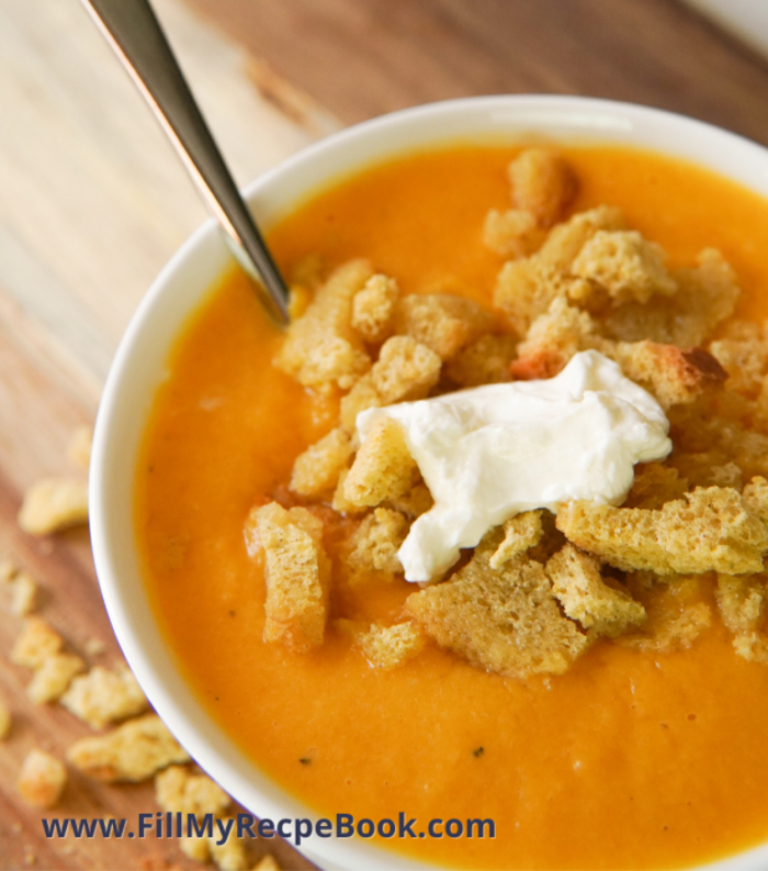 Roasted Butternut Creamy Soup. An easy creamy soup made with roasted butternut squash with herbs and maple syrup for those warm meals.