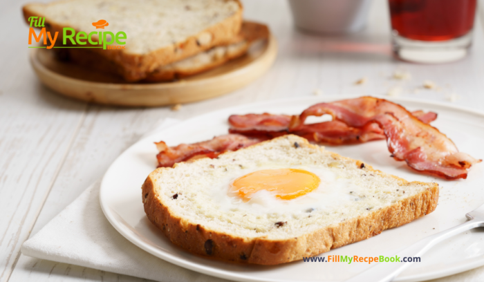 Toad In a Hole Breakfast recipe idea. An easy breakfast with bacon and shaped hole in the toasted bread with a fried egg in the middle. Except the bacon for vegetarians.