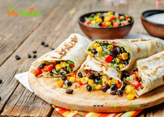 Make these Black Bean & Corn Burrito Wraps for a light lunch or tasty breakfast meal. Easy vegetarian no bake recipe for burrito wraps. Use left overs from meals to make some wraps or crepes.
