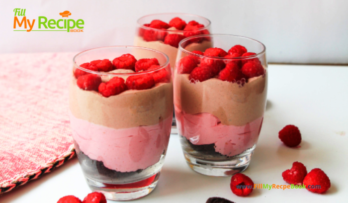 Chocolate Raspberry Cheesecake Parfait recipe as a dessert. Easy layered whipped cream and cream cheese, cocoa with raspberries parfait. A trifle in a glass idea.