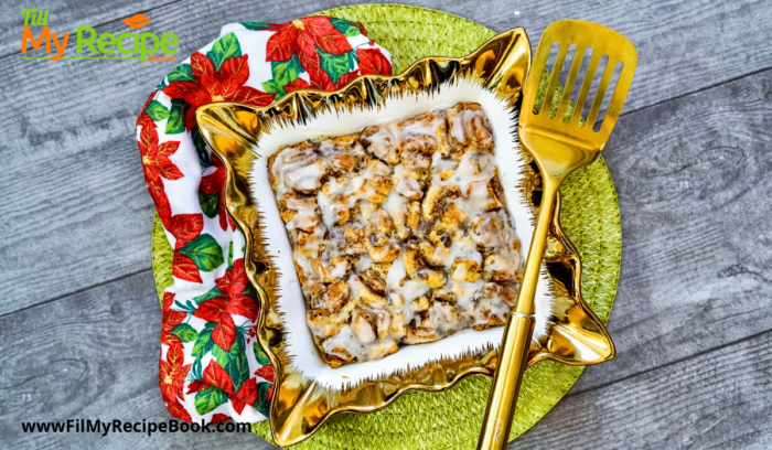 Cinnamon Roll Breakfast Casserole. A quick and easy recipe to bake a cinnamon roll casserole dish with bought buns decorated.