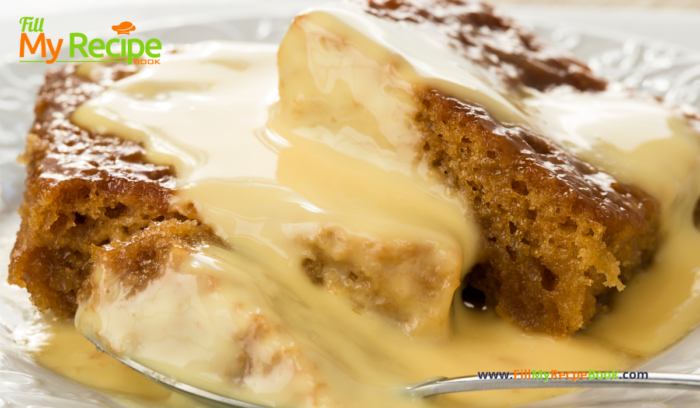 Easy Malva Pudding and Custard with a sauce recipe. Best South African family dessert idea, oven baked with a sauce, or serve with custard.