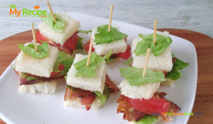 Mini BLT Toothpick Appetizers recipe idea for a party. Great finger food sandwich that are a one bite savory appetizer on toothpick skewers.