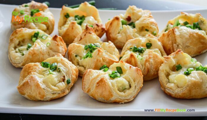 Mini Pastry Potato Bites recipe idea for an appetizer. Holidays or work parties warm savory oven bake pastry snacks with cheese and bacon. Potato is a vegetable right.