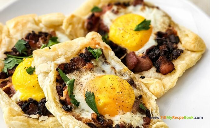 Quick Bacon and Egg Galettes recipe idea that is so easy to bake for breakfast, light supper. Fried Onion and cheese filling on puff pastry.