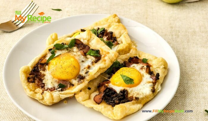 Quick Bacon and Egg Galettes recipe idea that is so easy to bake for breakfast, light supper. Fried Onion and cheese filling on puff pastry.