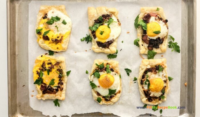 Quick Bacon and Egg Galettes recipe idea that is so easy to bake for breakfast, light supper. Fried Onion and cheese filling on puff pastry.