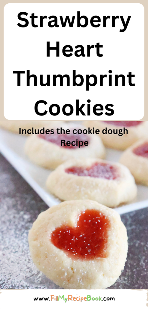 Strawberry Heart Thumbprint Cookies recipe. An easy dough mix idea and strawberry jam or puree filling for a snack at Christmas holidays.